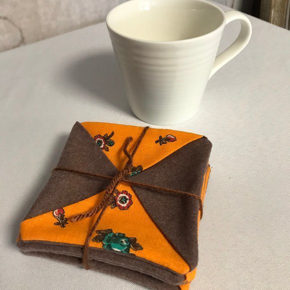 Handmade Fabric Coasters Set of 4 brown orange - Picture 5 of 5
